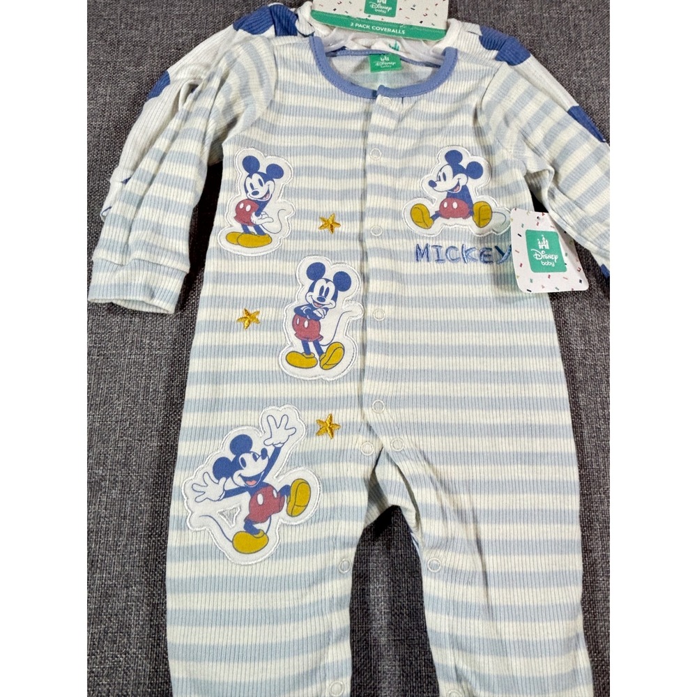 Disney Baby Boys Mickey Mouse Footed Sleeper 2 Pack 3-6M Blue White Ribbed Knit - Picture 2 of 8